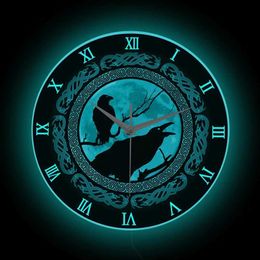Wall Clocks Odins Crow Glow Printed Clock Home Decoration Norwegian Mythology Hugin and Munin Odin God Neon Light Q240509