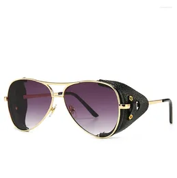 Sunglasses 2024 Fashion Vintage SteamPunk Pilot Style Leather Side Shield Brand Design Sun Glasses 2029