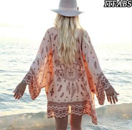 Women Floral Beach Cover Ups Casual Loose Shawl Vintage Kimono Cardigan Boho Chiffon Blouse Female Bikini Wear Swimsuit Sarongs8940362