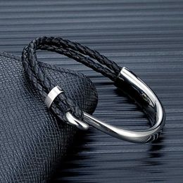 Charm Bracelets MKENDN Fashion Simple Style Black Braided Leather Bracelet Non-fading Steel Hook Classic Cuff Charm Bracelet for Men Male Gifts Y240510