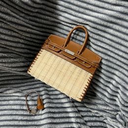 12A Mirror quality luxury Classic Designer Bag woman handbag genuine leather patchwork rattan all handmade 25cm summer casual creative colour clash shoulder bag