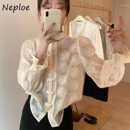 Women's Blouses Neploe Chinese Style Stand Collar Y2k Vintage Lace Embroidery Shirts Women Summer Flare Sleeve Blusas Mujer