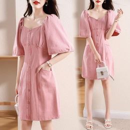 Party Dresses Women Sweet Pink Denim Dress Solid V-Neck Puff Sleeve Knee Length Female Jean Fashion Lady Summer Streetwear Frock L-4XL