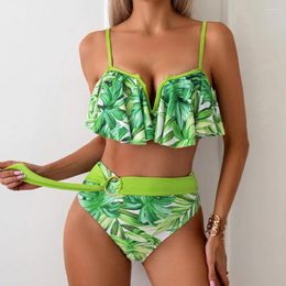 Women's Swimwear Split Design Ruffle Hem Bikini Set With High Waist Ribbon Swim Briefs V-neck Sling Beachwear