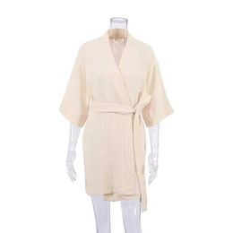 Women's Robe Solid Cotton Bathrobe Female Robes Women Sexy Mini Dresses Three Quarter Sleeves Dressing Gown Dress Nightgown Home Dress