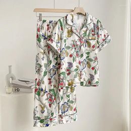 Home Clothing Lady Print Pajamas Set Short Sleeve Sleepwear 2PCS Shirt&Pant Pyjamas Suit Lingerie Casual Women Satin PJS Clothes