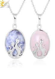 CSJA Lucky Double Cat Kitty Necklace Natural Stone Charm Pendant for Women Amethyst Pink Crystal Lapis Lazuli Romantic Lover Jewel9817669