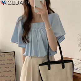 Women's Blouses French Short Sleeved Shirt Summer Design One Shoulder Loose Bubble Sleeve Top Womens Tops