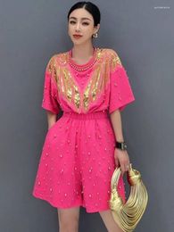 Women's Tracksuits Vefadisa 2024 Summer Black Rose Red Women Sets Heavy Industry Beaded Sequins Short Sleeved Top Shorts Two Pieces HLX066