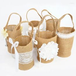 Storage Bags 1Pcs Wedding Flower Basket Linen Pouch Portable Bridal Bridesmaid Candy Gift Bag Baby Shower Party Decor