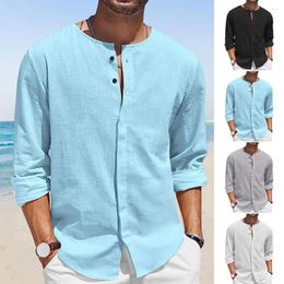 Men's Casual Shirts Spring Men Shirt Round Neck Single-breasted Long Sleeves Solid Color Loose Mid Length Summer Vacation Beach Top