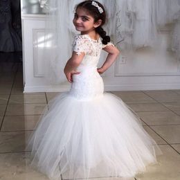 Princess Mermaid Flower Girl Dresses Short Sleeves Jewel Neck Holy Coummunion Gowns Pageant Formal Wear For Wedding Girls 246n