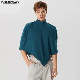 Men's Trench Coats INCERUN Tops 2024 American Style Mens Loose Fitting Solid Knitted Lace Casual Fashion Male High Neck Shawl Cape S-5XL