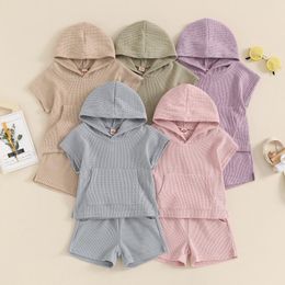 Clothing Sets Infant Baby Girl Boy Waffle Set Front Pocket Hooded Sweatshirts And Elastic Waist Split Hem Shorts Toddler Summer Outfits