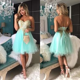 Gold Lace Mint Green Short Evening Prom Dresses Cheap Sweetheart Tulle Empire Corset Back Homecoming Dress Tail Party Gowns M102 0510
