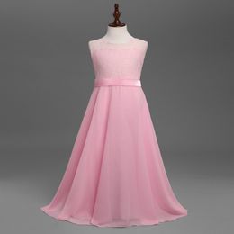 2017 Pink Chiffon Lace Flower Girls Dresses Age 8-13 girls party dress Maxi Flower Girl's Dresses Cheap 262f