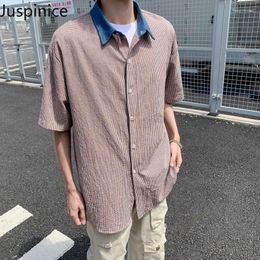 Men's Casual Shirts Japanese Color-blocked Plaid Short-sleeved Retro Thin Loose High Street Shirt Men Jackets Male Clothes