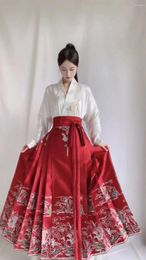 Work Dresses Chinese Style Women's Skirt Suits For Spring Summer Long Sleeve V-Neck White Shirts Red High Waist Pleated Skirts Twinset