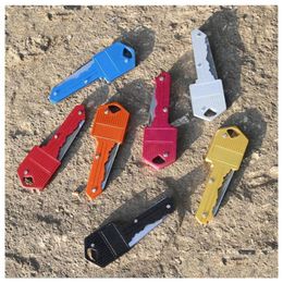 Other Festive & Party Supplies Colorf Key Shape Mini Folding Knife Outdoor Sabre Pocket Fruit Mtifunctional Keychain Knives Swiss Self Dhkig