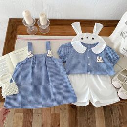 Clothing Sets 2024 Baby Girls Summer Set Long Ears Cartoon Tops Shirts Shorts Plaid Slip Dress Kids Children Fashion Clothes Outfits