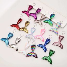 Keychains Lanyards 16 pieces of sparkling reversible sequin mermaid tail keychain cute cartoon bag keychain decorative bag charm accessories J240509