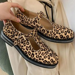 Casual Shoes Women's Genuine Leather Horsehair Leopard T-strap Flats Round Toe Retro Female Soft Comfrotable Aily Footwear Women