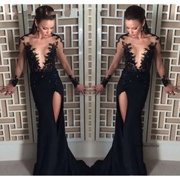 Black Lace Prom High Thigh Split Mermaid Dresses Sexy Sheer Evening Gowns V Neck Long Sleeve Party Wear 0510