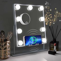 Compact Mirrors Luminous vanity mirror with Bluetooth and wireless charging makeup light 9 dimmable light bulbs 3 Colourful illuminated desktop (Why) d240510