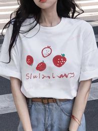 Women's Hoodies Strawberry Print Crew Neck Cotton T-Shirt Casual Short Sleeve Shirt For Spring & Summer Clothing Vintage Aesthetic Top