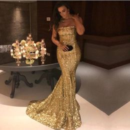 Sexy Gold Sparkly Sequined Strapless Mermaid Prom Dresses 2018 New Arrival Long Formal Evening Gowns Cheap Vintage Party Wear 2436