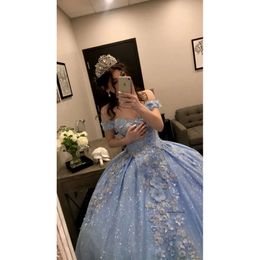 2023 Sparkly Ball Gown Light Blue Quinceanera Elegant Prom Dresses 3D Floral Appliques Party Dress Lace Birthday Graduation Gowns 0510