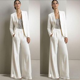 2021 New Bling Sequins Ivory White Pants Suits Mother Of The Bride Dresses Formal Chiffon Tuxedos Women Party Wear New Fashion Modest 2 208W