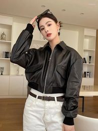 Women's Leather Slim Cropped Genuine Bomber Jacket Women 2024 Trend Spring Autumn High Quality Soft Black Real Sheepskin Coat