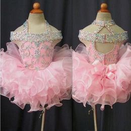 Real Image Toddler Pageant Dresses Pink Organza Cupcake Kids Prom Gowns Crystal Beaded Open Back With Bow Formal Girls Birthday Party D 282l