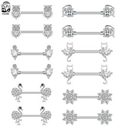 Nipple Rings 1Pair Heart Cat Crystal CZs Nipple Piercings Barbell 14G Stainless Steel Dolphin Owl Nipple Rings for Women Shield Bar Jewelry Y240510