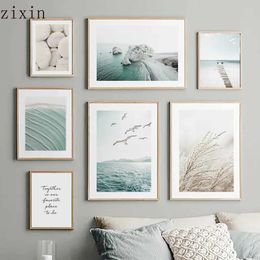 Wallpapers Baishi Bridge Reed Blue Ocean Wall Art Canvas Living Room Decoration Nordic Posters and Printed Wall Images J240505