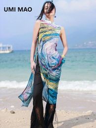 Ethnic Clothing UMI MAO Chinese Dress Women's Printed Chiffon Shirt Light Thin Split Qipao Cover Up Top Women Long Dresses Femme Y2K