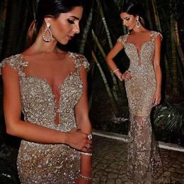 Delicate Arabic Party Sequin Lace Mermaid Long Prom Dresses See Through Plunging Neck Evening Gowns Formal Wear 0510