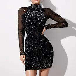 Casual Dresses Women Elegant Sparkly Mesh Bodycon Dress Summer High Neck Long Sleeve Solid Mini Ladies Slim Fit Evening Party Club