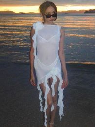 Casual Dresses Women Fashion Elegant Sexy Mesh See Through Bodycon Mini Dress Irregular Backless Ruffles Fringe Summer Beach Party