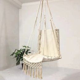 Canvas Swing Hanging Hammock Cotton Rope Tassel Tree Chair Seat Patio Outdoor Indoor Garden Bedroom Safety Hanging Chair 240510