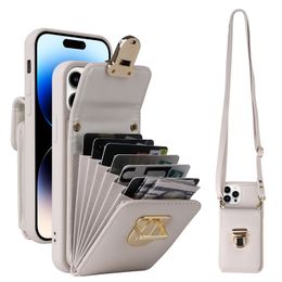 Luxury Shoulder Strap Flip Vogue Phone Case for iPhone 15 14 13 12 11 Pro Max XR XS Stylish Women Crossbody Multiple Card Slots Leather Wallet Kickstand Back Cover