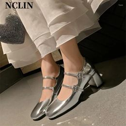 Dress Shoes 2024 Spring/summer Mary Jane Split Leather Women French Square Toe Chunky Heel High Heels Pumps