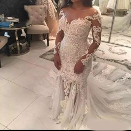 Sexy Mermaid Lace Wedding Dresses With Sheer Neckline Appliques Illusion Long Sleeves Wedding Dress See Through Tulle Long Train Bridal 303I