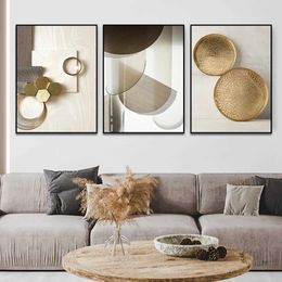 allpapers 3 frameless abstract beige and gold geometric posters modern wall art pictures minimalist canvas living room home canvas J240505