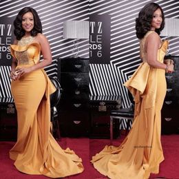 African Style Mermaid Gold Celebrity Dresses Beaded Sequins Sexy Ocn Evening Party Gowns With Overskirt Satin 0510