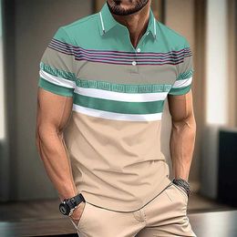 Men's Polos New mens summer short sleeved lapel 3D digital printed striped polo shirt fake pocket button business casual top Q240509
