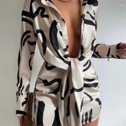 Casual Dresses Schinotch Summer Women Sexy Dress Long Sleeves Satin Stripe Printed Bandage Night Club Mini Shirt