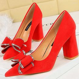 Dress Shoes BIGTREE Crystal Bow Knot Women Pumps 2024 Spring Fall 8.5cm Block High Heels Flock Slip On Small Size 34-40 Black Red