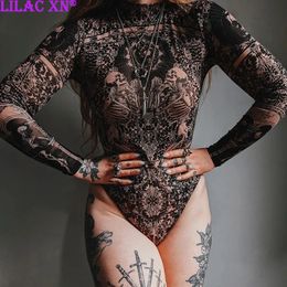 Gothic Print Naked See Through Bodycon Jumpsuits Y2K Lace Mesh Long Sleeve Slim Bodysuits Women Summer TShirts Tops Streetwear 240423